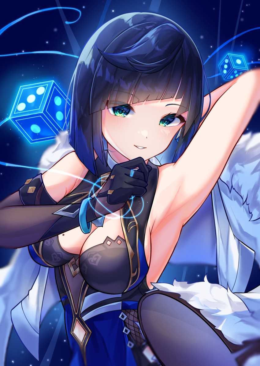 1girl arm_behind_head armpits asymmetrical_gloves bare_shoulders black_hair blue_hair bob_cut breasts cleavage diagonal_bangs dice feather-trimmed_jacket fur_trim genshin_impact glowing green_eyes highres large_breasts looking_at_viewer makaroni_(makaroni_kana) mole mole_on_breast parted_lips short_hair smile solo yelan_(genshin_impact)