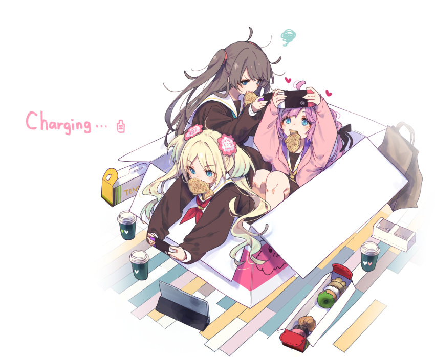 3girls anyoji_hime aqua_hair aqua_neckerchief bag battery_indicator black_ribbon blonde_hair blue_eyes blunt_bangs blush box brown_dress brown_hair cardboard_box commentary cup disposable_cup doughnut dress english_text fang flower food food_in_mouth fujishima_megumi gradient_hair hair_flower hair_ornament hair_ribbon hamayumiba_sou handheld_game_console hasu_no_sora_school_uniform heart highres holding holding_handheld_game_console in_box in_container jacket link!_like!_love_live! long_hair long_sleeves love_live! medium_dress messy_hair mira-cra_park! mouth_hold multi-tied_hair multicolored_hair multiple_girls neckerchief nintendo_switch open_clothes open_jacket osawa_rurino parted_bangs pastry_box pink_flower pink_hair pink_jacket playing_games ponytail red_neckerchief ribbon sailor_collar sailor_dress school_uniform shopping_bag sidelocks skin_fang squiggle swept_bangs tablet_pc taiyaki twintails two-handed two_side_up v-shaped_eyebrows virtual_youtuber wagashi white_background white_flower white_sailor_collar winter_uniform yellow_neckerchief