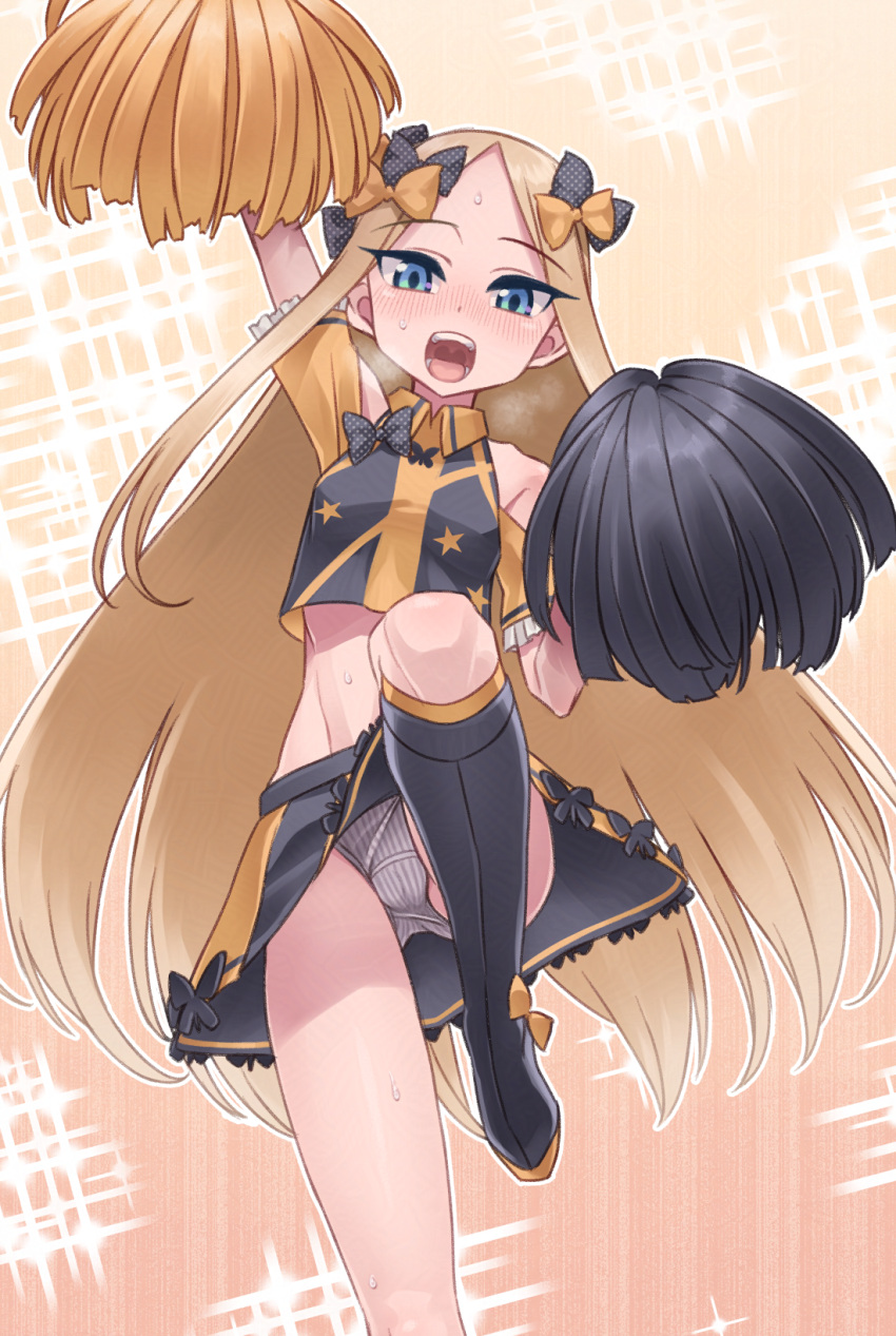 1girl abigail_williams_(fate) black_bow black_footwear black_shirt black_skirt blonde_hair blue_eyes blush boots bow breasts cheerleader clothing_cutout crop_top fate/grand_order fate_(series) forehead galbany_(tsgororin) grey_panties hair_bow highres knee_boots long_hair looking_at_viewer midriff miniskirt multiple_hair_bows open_mouth orange_bow panties parted_bangs pom_pom_(cheerleading) shirt short_sleeves shoulder_cutout skirt small_breasts smile solo sparkle thighs underwear