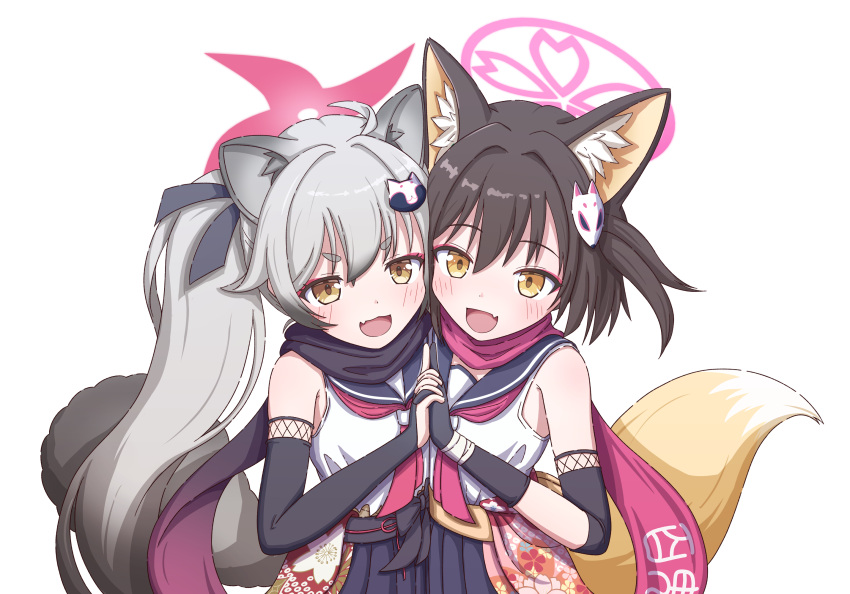 2girls :3 :d animal_ears black_gloves black_hair black_scarf black_skirt blue_archive commentary_request elbow_gloves eyeshadow fang fingerless_gloves fox_ears fox_girl fox_hair_ornament fox_tail gloves gradient_hair grey_hair hadanugi_dousa hair_between_eyes hair_ornament halo highres holding_hands interlocked_fingers izuna_(blue_archive) japanese_clothes kuji-in long_hair long_sleeves looking_at_viewer makeup medium_hair michiru_(blue_archive) mugisepa multicolored_hair multiple_girls ninja one_side_up pink_halo pleated_skirt pom_pom_(clothes) pom_pom_hair_ornament raccoon_ears raccoon_girl raccoon_hair_ornament raccoon_tail red_eyeshadow red_scarf revision rope scarf school_uniform serafuku shimenawa short_eyebrows sidelocks simple_background skin_fang skirt sleeveless smile tail thick_eyebrows twintails two-tone_hair white_background wide_sleeves yellow_eyes