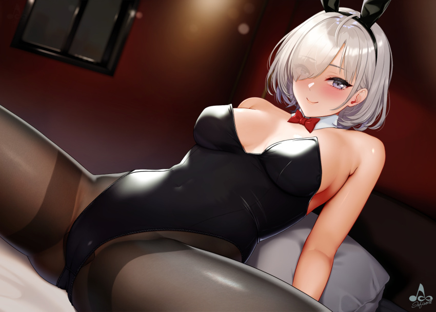 1girl animal_ears artist_logo bare_shoulders black_leotard black_pantyhose blush bow bowtie breasts cameltoe cleavage closed_mouth covered_navel detached_collar eyes_visible_through_hair fake_animal_ears grey_eyes grey_hair hair_over_one_eye highleg highleg_leotard highres infinote large_breasts leotard looking_at_viewer original pantyhose playboy_bunny rabbit_ears sashou_mihiro short_hair signature smile solo spread_legs strapless strapless_leotard traditional_bowtie