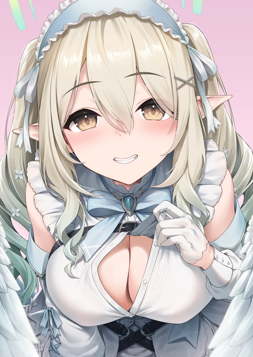 1girl absurdres angel angel_wings blonde_hair blush breasts brown_eyes brown_hair cleavage dress drill_hair fangs feathered_wings gloves gradient_hair green_hair green_halo hair_between_eyes hair_ribbon halo henria highres large_breasts light_brown_hair long_hair long_sleeves looking_at_viewer maid_headdress multicolored_hair nanase_eru pointy_ears ribbon solo teeth varium virtual_youtuber white_gloves white_ribbon white_wings wings