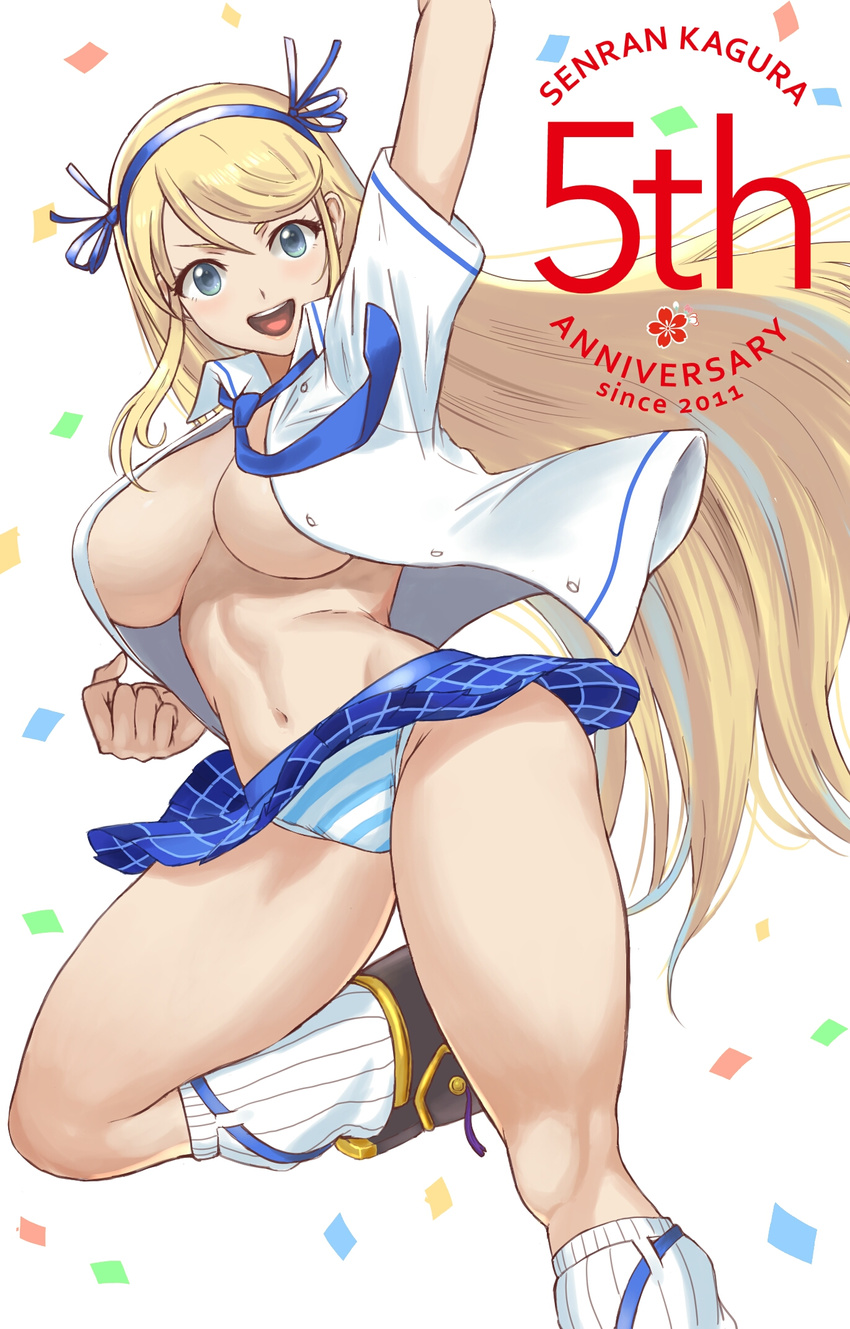 anniversary arm_up blonde_hair blue_neckwear blush boots breasts clenched_hand confetti green_eyes hair_ribbon highres katsuragi_(senran_kagura) large_breasts long_hair looking_at_viewer navel necktie open_clothes open_mouth open_shirt panties ribbon senran_kagura shigatsugata shirt simple_background skirt smile socks solo striped striped_panties underwear vertical_stripes white_legwear