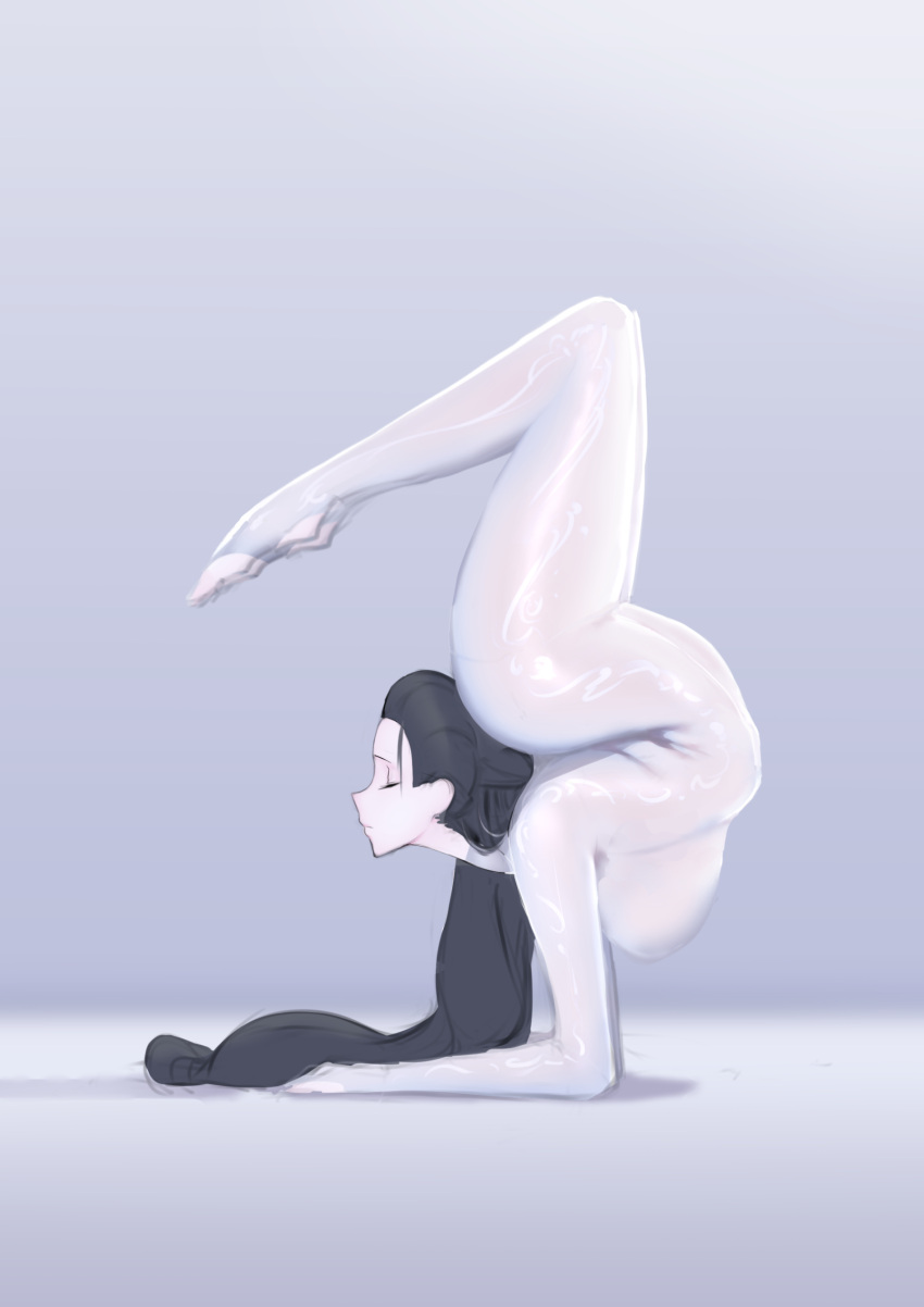 1girl absurdres ass black_hair bodysuit breasts closed_eyes contortion flexible handstand highres huge_breasts long_hair original simple_background solo thighs white_background zemzeq