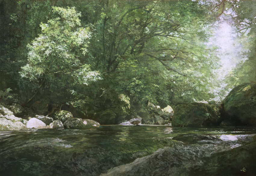 absurdres bush dappled_sunlight forest grass highres jungle moss naohiro_ito nature no_humans oil_painting_(medium) original painting_(medium) photorealistic plant realistic river riverbank rock sapling scenery shadow sunlight traditional_media tree