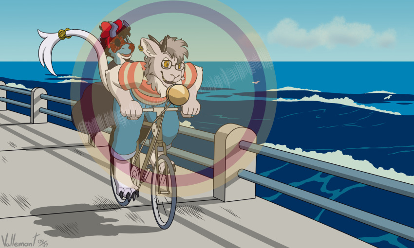 anthro avian bicycle bird bovid caprine caprine_demon clothing cuffs_(clothing) demon dragon duo ghibli goat_demon gull hi_res kiki's_delivery_service lari larid male male/male mammal mythological_creature mythological_scalie mythology scalie sea vallemont vehicle water