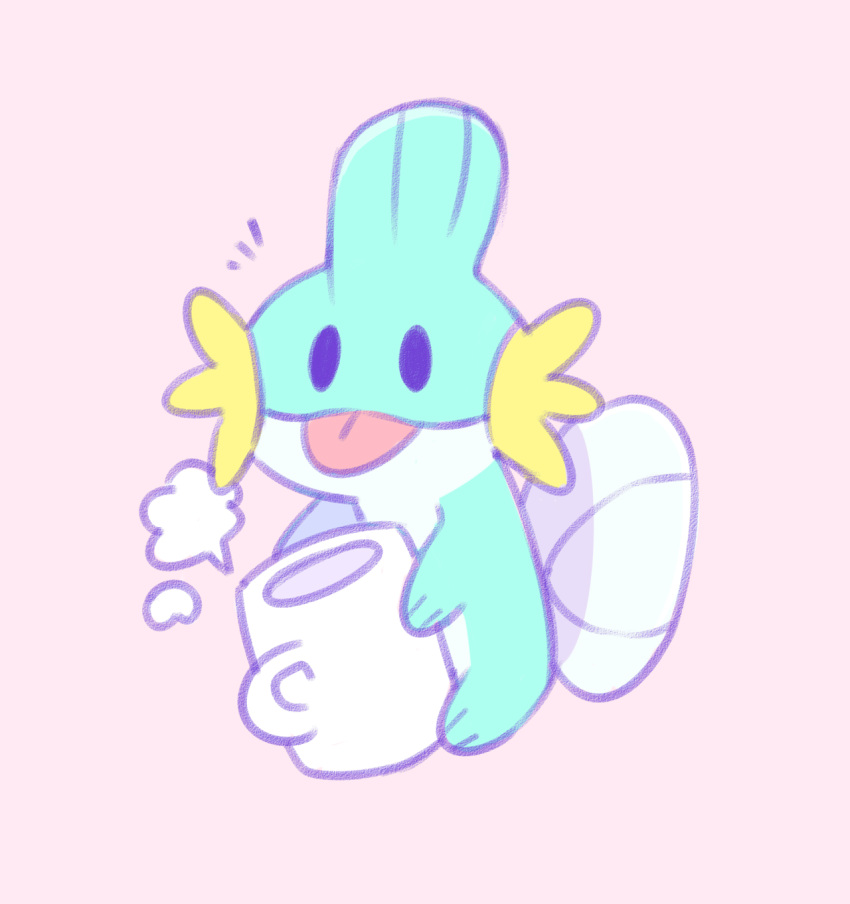 2018 3_toes ambiguous_gender beverage blep blue_body cloud_emanata colored dot_eyes emanata feet feral fin generation_3_pokemon graskip head_fin hi_res holding_mug holding_object hot_beverage mudkip mug nintendo noseless orange_whiskers pastel_(artwork) pink_background pokemon pokemon_(species) quadruped shaded simple_background solo tail toes tongue tongue_out traditional_media_(artwork) whiskers