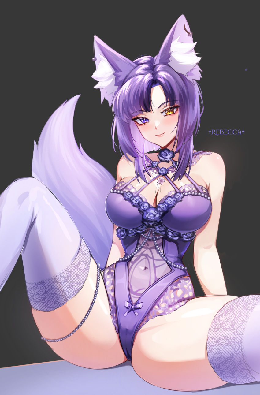 1girl absurdres animal_ear_fluff animal_ears artist_name awful_queen_(vtuber) black_background breasts fox_ears fox_girl fox_tail heterochromia highres indie_virtual_youtuber large_breasts looking_at_viewer monster_girl purple_hair rebeccagoddes solo tail thighhighs underwear