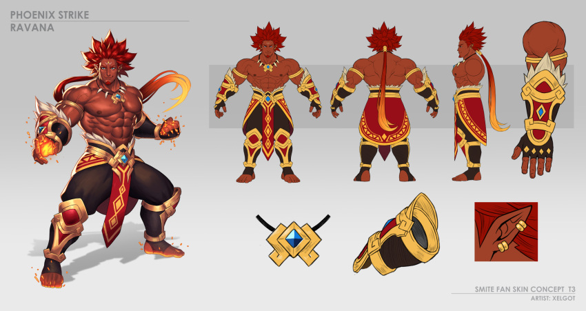 1boy armor bara barefoot concept_art dark-skinned_male dark_skin fingerless_gloves gloves gold_armor highres jewelry long_hair multicolored_hair muscular muscular_male necklace pointy_ears ravana_(smite) red_hair reference_sheet smite spiked_hair thick_thighs thighhighs thighs toeless_legwear toes tooth_necklace weapon_focus xelgot