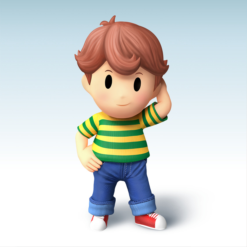 1boy 3d black_eyes brown_hair gradient gradient_background looking_at_viewer male_focus mother_4 solo super_smash_bros. travis_(mother_4) white_background