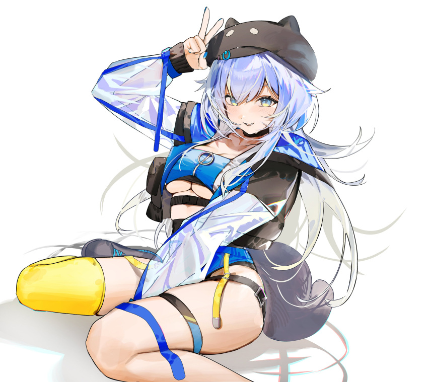 1girl absurdres animal_hat aqua_eyes arm_up asymmetrical_legwear black_hat black_jacket blue_hair blue_tube_top breasts cabbie_hat cleavage gradient_hair hat highres indie_virtual_youtuber jacket long_bangs long_hair mayutsuba_mono medium_breasts micro_shorts multicolored_clothes multicolored_hair multicolored_jacket on_ground see-through see-through_jacket shibata_koro shorts simple_background single_thighhigh sitting smile solo strapless thigh_strap thighhighs tube_top two-tone_jacket underboob v very_long_hair virtual_youtuber wariza white_background white_hair yellow_thighhighs