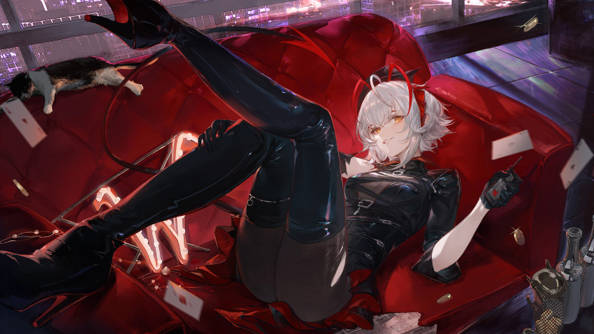 1girl ahoge antennae arknights black_gloves black_jacket boots breasts card cat coin couch ergouzi_echo gloves grey_hair high_heel_boots high_heels highres horns indoors jacket looking_at_viewer lying medium_breasts on_back on_couch parted_lips playing_card smile solo tail thigh_boots w_(arknights) w_(wanted)_(arknights) yellow_eyes