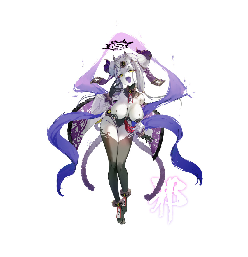 1girl :d absurdres barefoot breasts collar colored_skin cuffs demon_girl demon_horns full_body half-closed_eyes halo highres horns looking_at_viewer medium_breasts mesugaki original osisio shackles smile solo teeth thighhighs upper_teeth_only white_background white_hair white_skin yellow_eyes