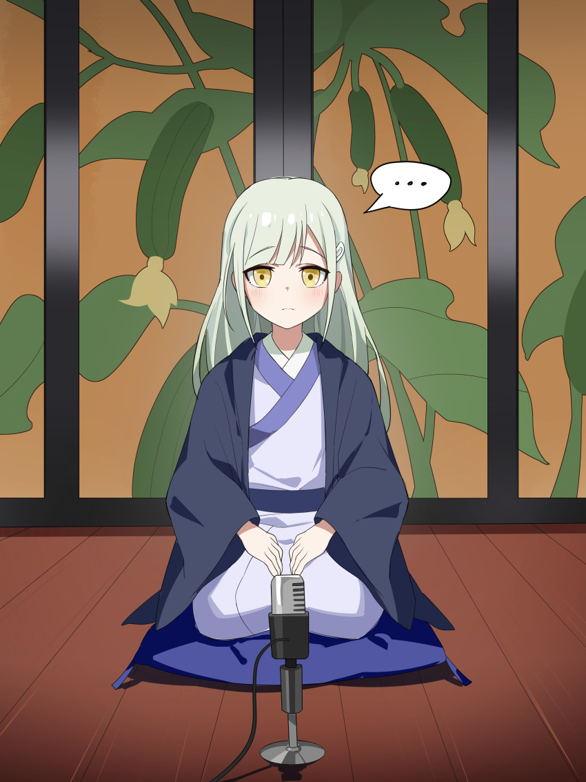 !? 1girl absurdres bang_dream! bang_dream!_it's_mygo!!!!! black_haori black_kimono blush closed_mouth commentary_request cucumber cushion dated_commentary full_body green_hair hair_ornament hairclip highres indoors japanese_clothes kimono long_hair looking_at_viewer microphone on_pillow rakugo seiza sitting solo spoken_interrobang wakaba_mutsumi white_kimono yellow_eyes yzj21333 zabuton