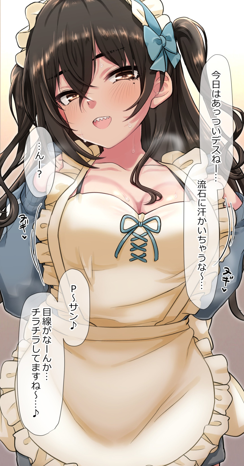1girl absurdres apron black_hair blue_jacket blush breasts cleavage collarbone commentary_request dokudoku913 frilled_apron frills highres idolmaster idolmaster_cinderella_girls jacket long_hair long_sleeves looking_at_viewer medium_breasts mole mole_under_eye sharp_teeth smile solo speech_bubble steaming_body sunazuka_akira teeth track_jacket translation_request two_side_up upper_teeth_only white_apron
