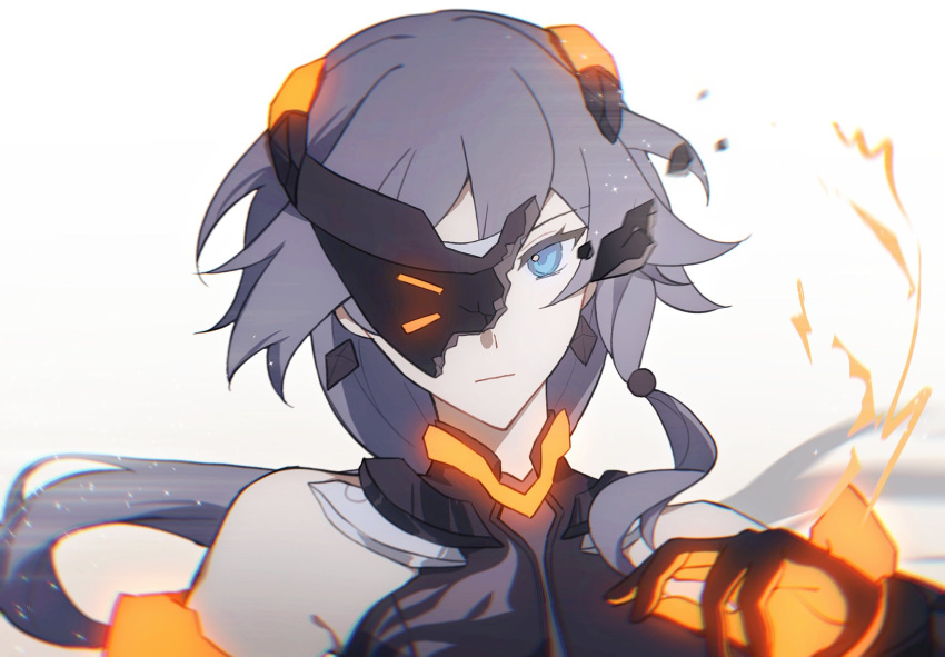 1girl black_gloves blue_eyes broken_mask closed_mouth fire fu_hua fu_hua_(shadow_knight) gloves grey_hair hair_ornament haruka_(rsyaooooo) highres honkai_(series) honkai_impact_3rd long_hair looking_at_viewer mask ponytail shattered simple_background solo upper_body white_background