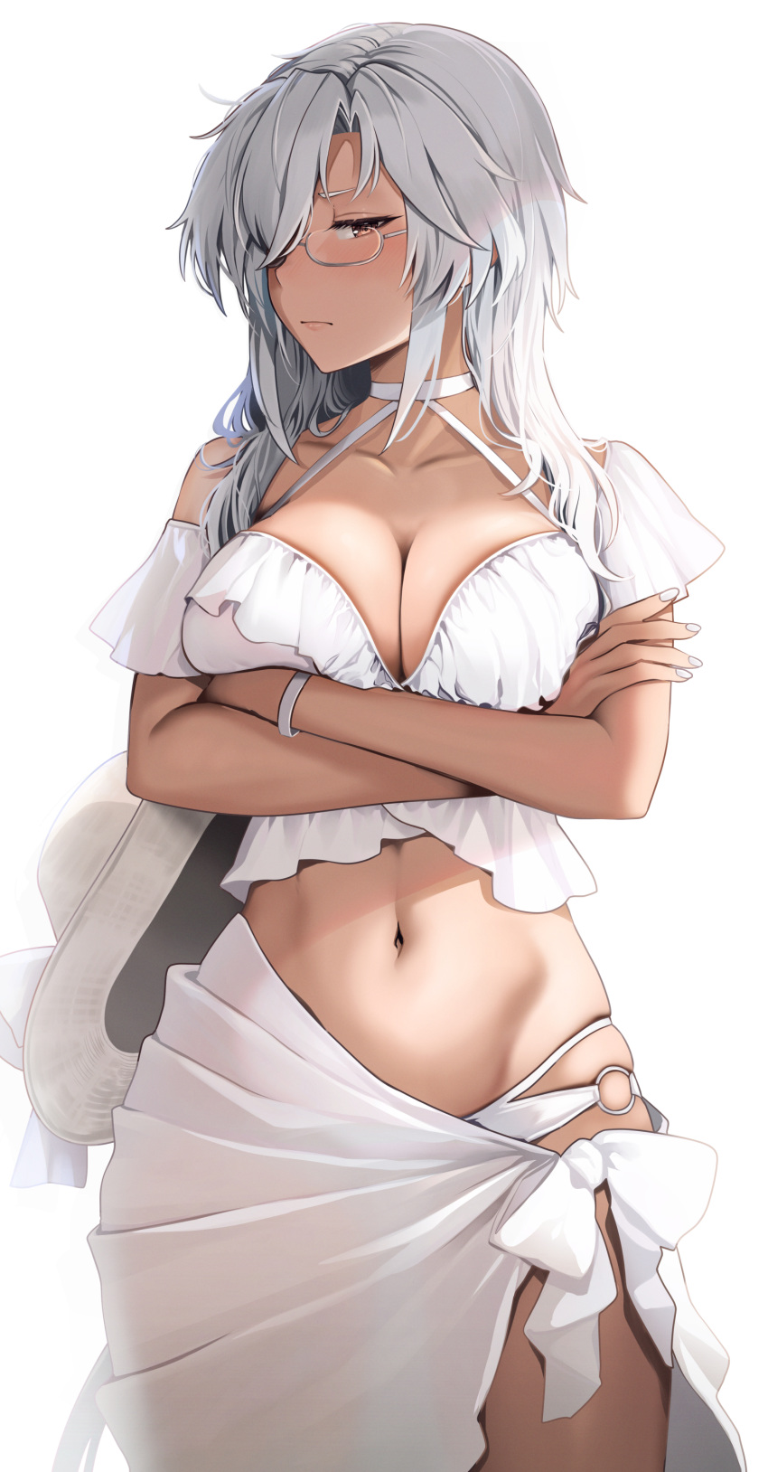 1girl absurdres alternate_costume alternate_hairstyle bikini breast_press breasts cleavage collarbone crossed_arms dark-skinned_female dark_skin glasses grey_hair hair_over_one_eye halterneck hat highres holding holding_clothes holding_hat kantai_collection large_breasts long_hair looking_at_viewer musashi_(kancolle) o-ring o-ring_bikini red_eyes sarong solo sun_hat swimsuit unworn_headwear white_background white_bikini white_nails white_sarong yunamaro