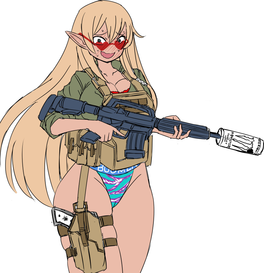 1girl absurdres assault_rifle blonde_hair dark-skinned_female dark_skin deculture elf energy_drink gun handgun heart heart-shaped_eyewear highres m16 monster_energy multicolored_clothes multicolored_panties original panties pointy_ears rifle simple_background solo suppressor underwear vest weapon white_background