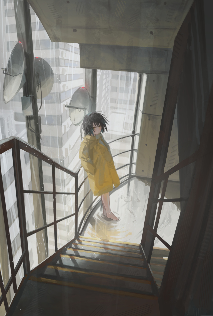 1girl :| absurdres against_railing barefoot black_hair building city cityscape closed_mouth coat expressionless feet from_side hair_between_eyes hands_in_pockets highres long_sleeves looking_at_viewer original puddle pulmo_(artist) railing rain rain_poncho ripples satellite_dish scenery shadow short_hair solo stairs stairwell standing wide_shot yellow_coat yellow_eyes