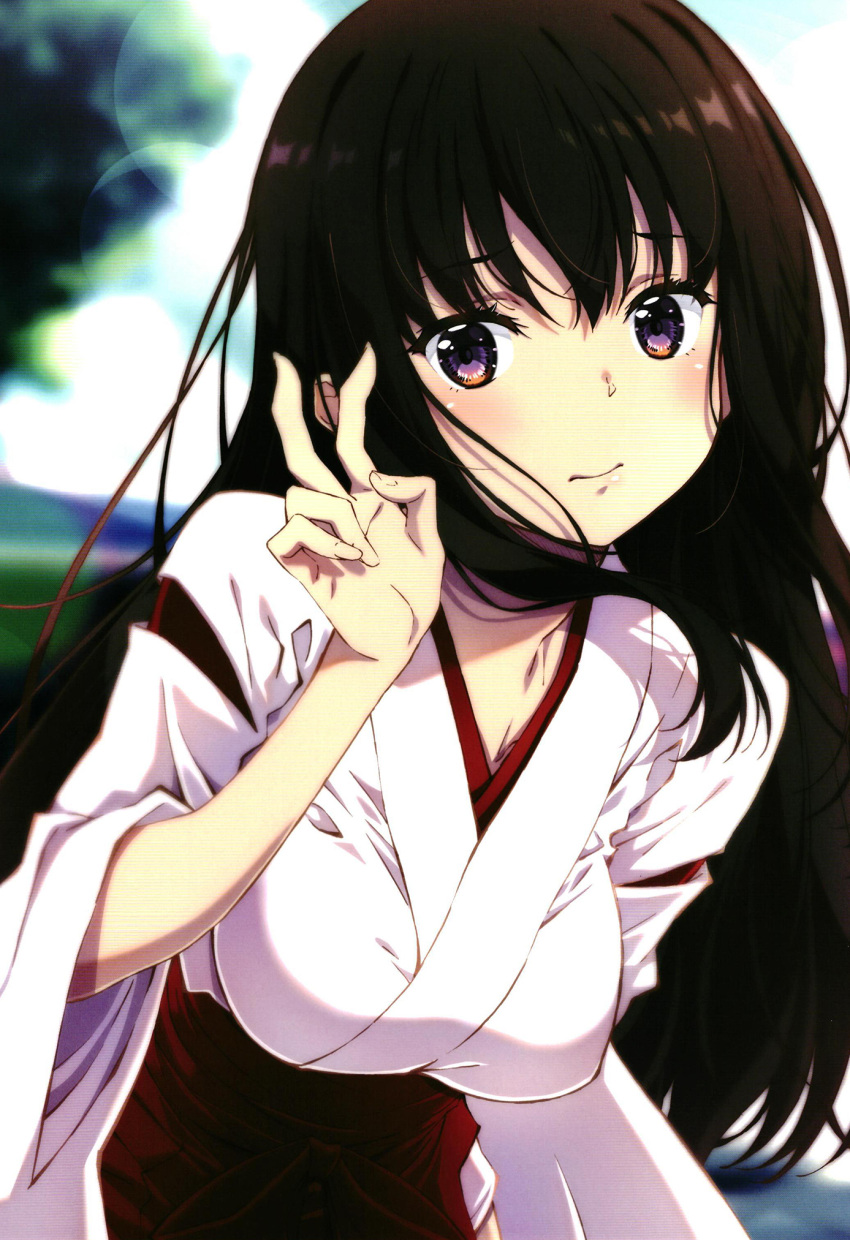 1girl black_hair blush breasts closed_mouth highres inoue_takina izumi_mahiru japanese_clothes large_breasts long_hair looking_at_viewer lycoris_recoil miko non-web_source outdoors purple_eyes solo upper_body v