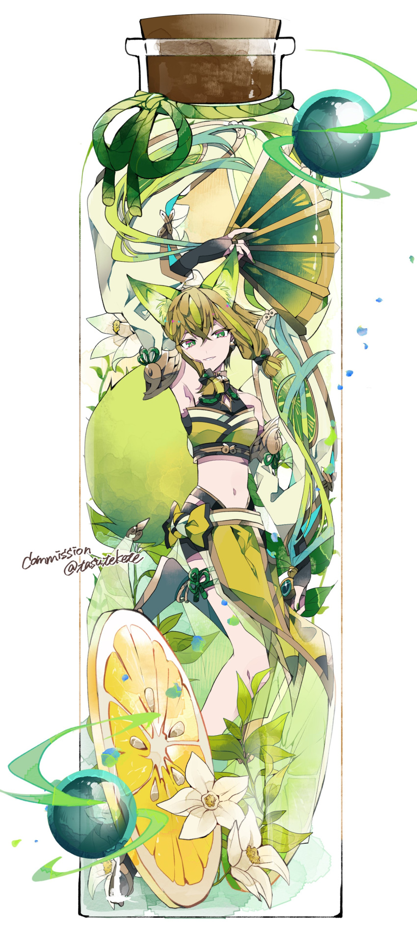 1girl absurdres animal_ears blonde_hair bottle breasts bridal_gauntlets cork crop_top detached_sleeves duel_monster food fox_ears fox_girl fox_tail fruit full_body green_eyes green_hair hair_between_eyes hand_fan highres holding holding_fan hu-li_the_jewel_mikanko lemon lemon_slice long_sleeves medium_breasts midriff multicolored_hair navel short_hair_with_long_locks smile solo streaked_hair tail tasutekete wide_sleeves yu-gi-oh!