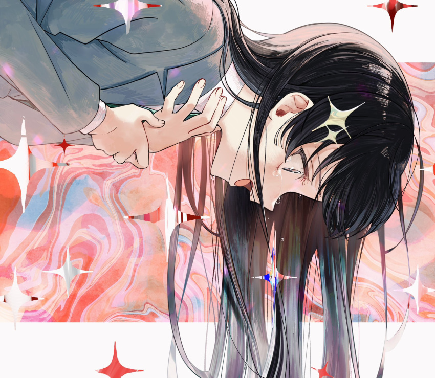 1girl black_hair brown_background collared_shirt crying crying_with_eyes_open from_side gradient_background green_necktie grey_eyes grey_jacket hair_behind_ear hair_ornament hand_on_own_chest hand_on_own_wrist hands_up highres jacket kagura_hikari letterboxed long_hair long_sleeves looking_ahead looking_down multicolored_background necktie nijiko_(c2cs4q) open_mouth outside_border pink_background profile red_background school_uniform shirt shoujo_kageki_revue_starlight solo sparkle sparkle_hair_ornament tears teeth upper_teeth_only white_shirt wide-eyed