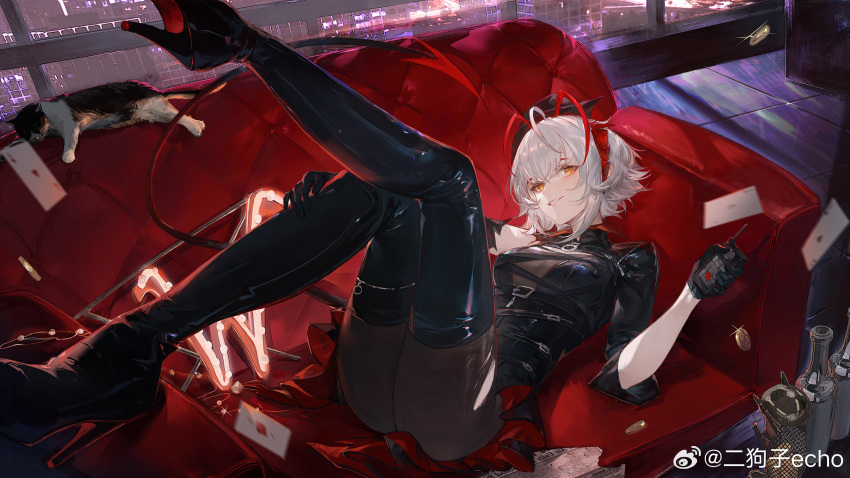 1girl ahoge antennae arknights black_gloves black_jacket boots breasts card cat coin couch ergouzi_echo gloves grey_hair high_heel_boots high_heels highres horns indoors jacket looking_at_viewer lying medium_breasts on_back on_couch parted_lips playing_card revision smile solo tail thigh_boots w_(arknights) w_(wanted)_(arknights) weibo_watermark yellow_eyes