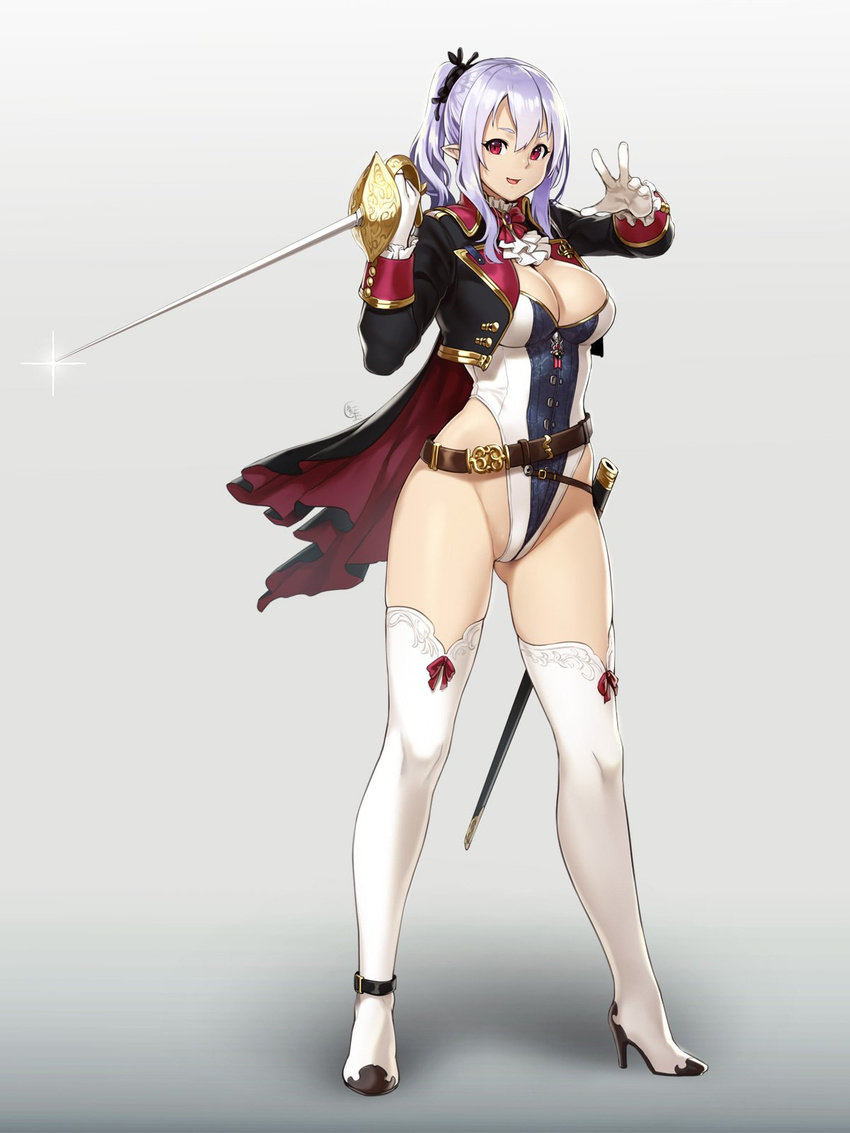:d belt black_cape black_coat black_ribbon boots bow bowtie breasts brooch cape cleavage commentary_request crop_top cropped_jacket full_body gloves hair_between_eyes hair_ribbon highleg highleg_leotard highres holding holding_sword holding_weapon houtengeki jewelry large_breasts lavender_hair leotard long_sleeves looking_at_viewer loose_belt open_mouth original pointy_ears ponytail rapier red_bow red_eyes red_neckwear ribbon scabbard sheath short_eyebrows smile solo sword thigh_boots thighhighs weapon white_footwear white_gloves white_legwear