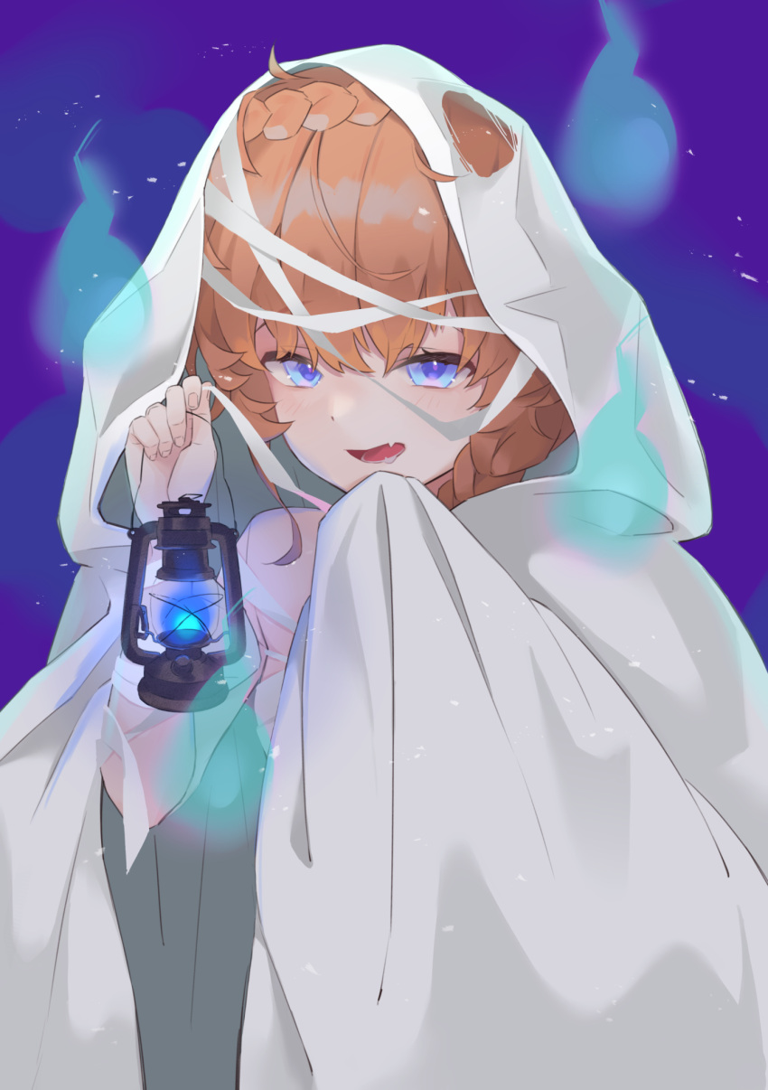 1girl bandages blue_eyes braid brown_hair crown_braid fate/grand_order fate_(series) ghost ghost_costume highres holding holding_lantern lantern long_hair looking_at_viewer open_mouth purple_background shimaa482 side_braid single_bare_shoulder smile solo spirit van_gogh_(fate)