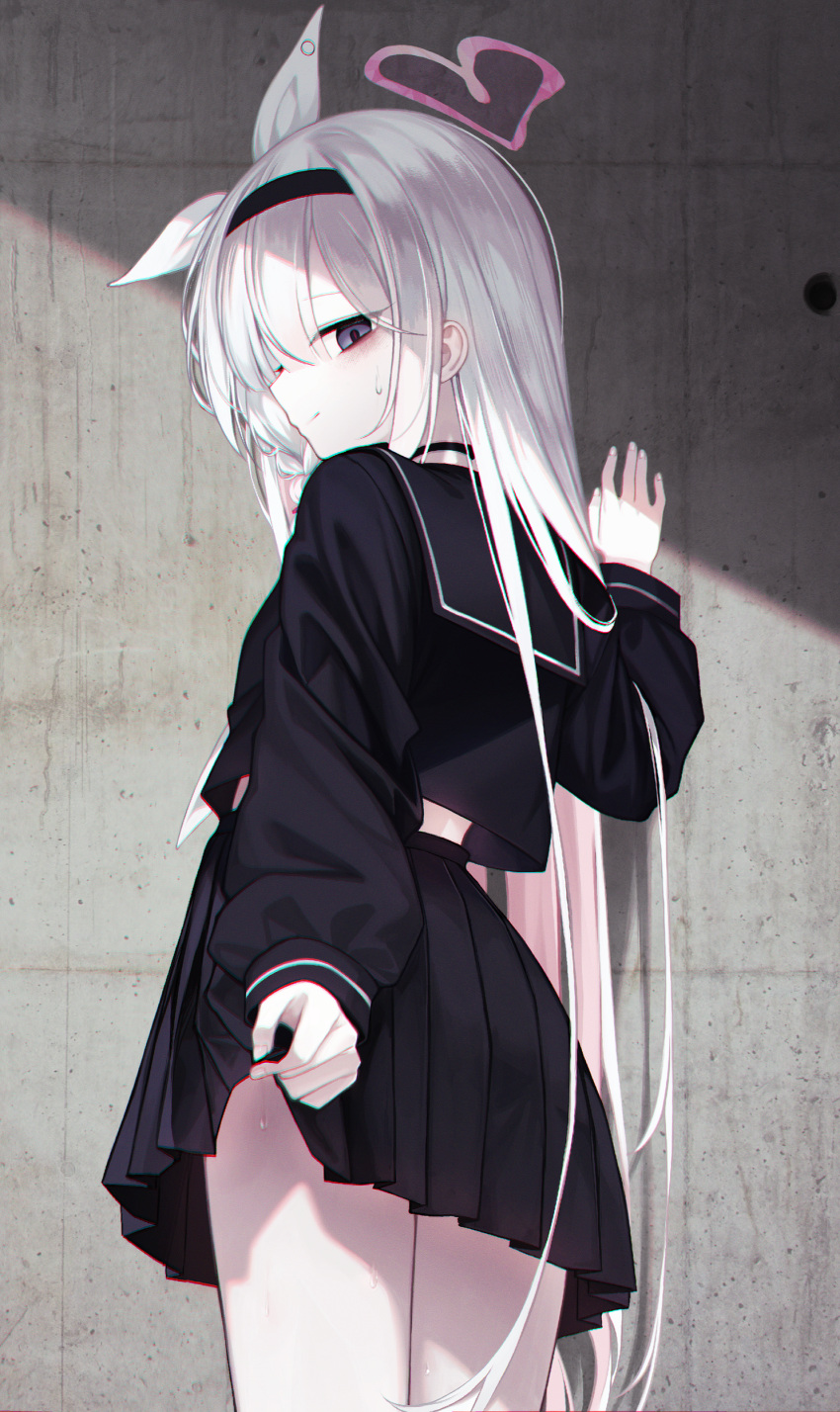 1girl absurdres black_eyes black_hairband black_sailor_collar black_serafuku blue_archive braid clothes_lift from_behind hair_over_one_eye hairband halo hand_on_wall heart heart_halo highres karou_(lhscck302) lifted_by_self light_smile looking_at_viewer pale_skin pink_halo pink_pupils plana_(blue_archive) pleated_skirt red_pupils ribbon sailor_collar school_uniform serafuku single_braid skirt skirt_lift solo white_ribbon