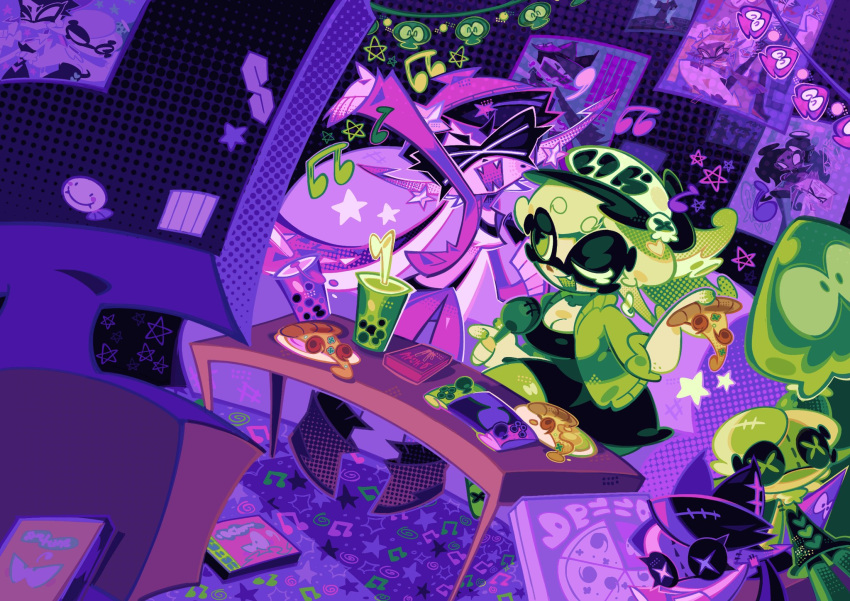 2girls arm_up beamed_eighth_notes breasts bubble_tea callie_(splatoon) cleavage closed_eyes food green_eyes halftone highres holding holding_food holding_microphone holding_pizza indoors limited_palette marie_(splatoon) microphone multiple_girls musical_note one_eye_closed open_mouth pizza pizza_slice plate smile splatoon_(series) star_(symbol) table wide_shot zeno_(starrysharks)