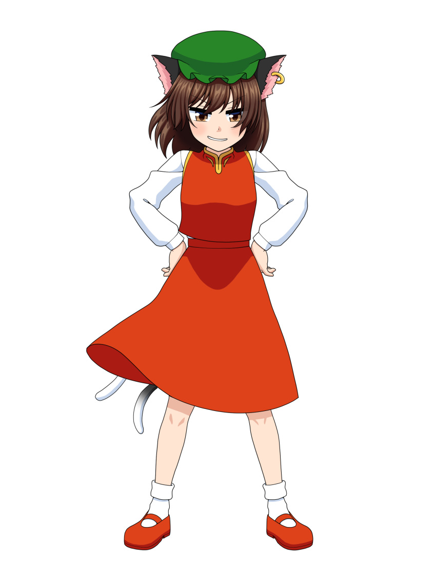 1girl absurdres animal_ear_piercing animal_ears bobby_socks brown_eyes brown_hair cat_ears cat_tail chen commentary_request earrings frills full_body gold_trim grin hands_on_own_hips hat highres jewelry legs_apart light_blush long_sleeves looking_at_viewer mary_janes medium_hair mob_cap multiple_tails nekomata puffy_long_sleeves puffy_sleeves red_skirt red_vest shoes simple_background single_earring skirt skirt_set smile socks solo standing tail tatsu_toyoyo teeth touhou two_tails v-shaped_eyebrows vest white_background