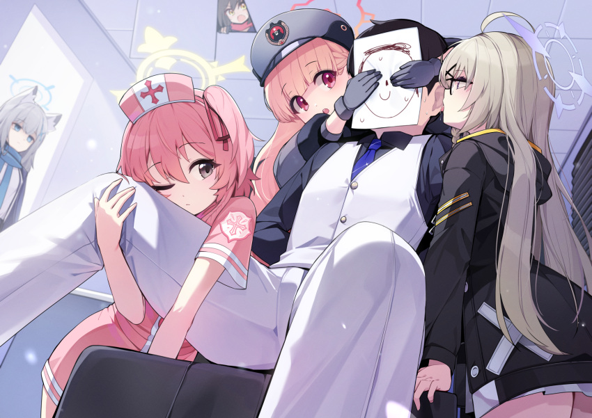 1boy 5girls ahoge arms_behind_back black-framed_eyewear black_gloves black_hat black_jacket black_shirt blue_archive caught covering_another's_eyes ddangbi doodle_sensei_(blue_archive) dress feet_out_of_frame glasses gloves grey_hair halo harem hat highres hugging_another's_leg indoors izuna_(blue_archive) jacket kotama_(blue_archive) looking_at_another multiple_girls nodoka_(blue_archive) nurse_cap pants paper_on_head peaked_cap pink_dress pink_hair restrained sensei_(blue_archive) serina_(blue_archive) shiroko_(blue_archive) shirt vest whispering white_pants white_vest