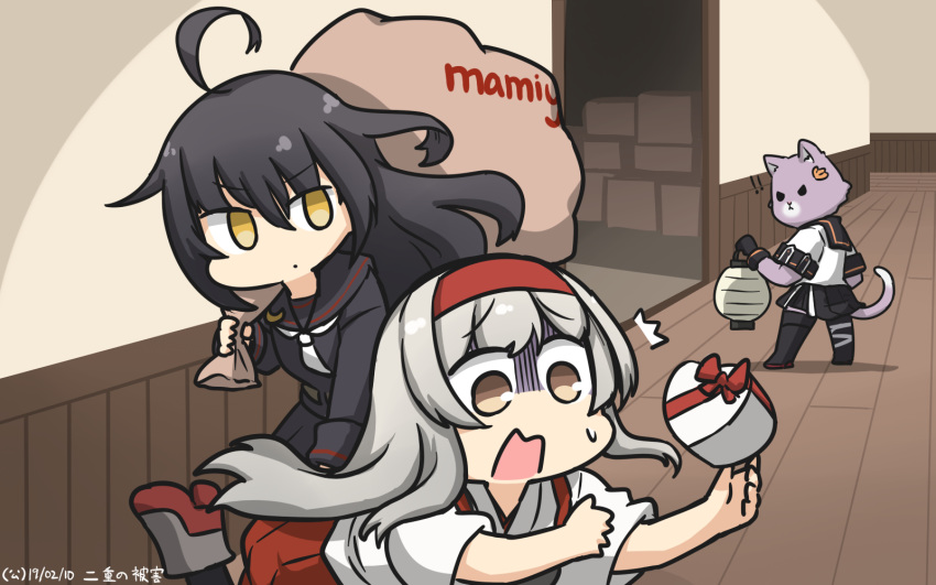 /\/\/\ 2girls ahoge animalization black_hair black_legwear black_serafuku box brown_eyes cat cowboy_shot crescent crescent_hair_ornament crescent_moon_pin dated hair_ornament hairband hallway hamu_koutarou heart highres kantai_collection lantern long_hair mikazuki_(kantai_collection) multiple_girls necktie remodel_(kantai_collection) sack school_uniform serafuku shoukaku_(kantai_collection) tama_(kantai_collection) tasuki tripping turn_pale white_hair white_neckwear yellow_eyes