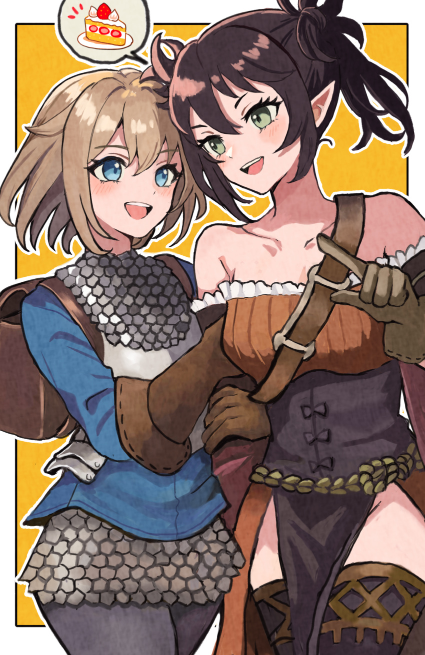 2girls :d absurdres backpack bag bare_shoulders black_thighhighs blue_eyes blue_shirt brown_gloves brown_hair chloe_(unicorn_overlord) commentary cowboy_shot dress gloves grey_pants groin head_tilt highres leggings multiple_girls off-shoulder_dress off_shoulder open_mouth pants pelvic_curtain pointy_ears ridiel_(unicorn_overlord) shirt short_hair smile standing thighhighs unicorn_overlord yuurururun