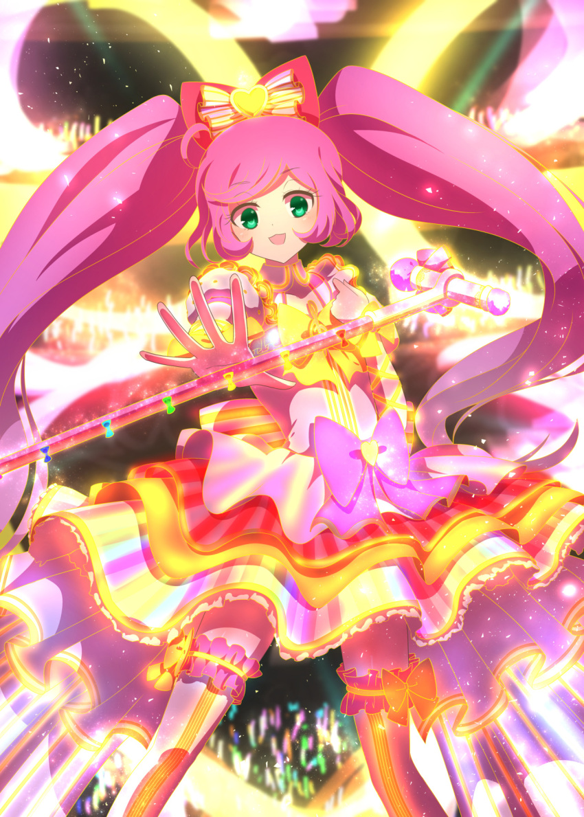 1girl :d ahoge audience blurry blurry_background bow detached_sleeves dress feet_out_of_frame frilled_thighhighs frills glowing_clothes glowstick green_eyes hair_bow heart highres idol idol_clothes legs_apart long_hair looking_at_viewer manaka_laala microphone_stand multicolored_clothes multicolored_dress open_mouth pink_bow pretty_series pripara puffy_detached_sleeves puffy_sleeves purple_hair reaching reaching_towards_viewer smile solo stage standing thighhighs twintails very_long_hair