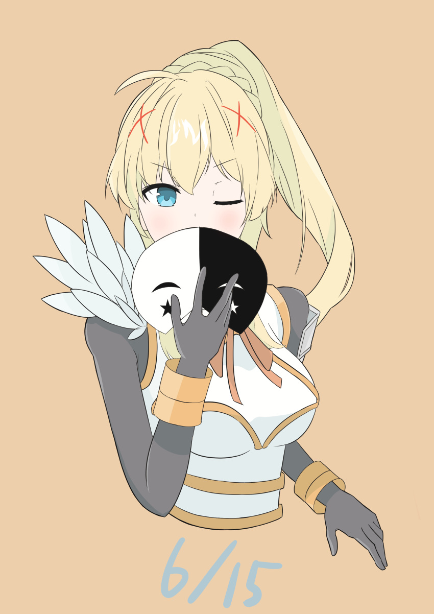 1girl absurdres ahoge armor blonde_hair blue_eyes blush breasts covered_mouth darkness_(konosuba) eyes_visible_through_hair hair_between_eyes hair_ornament hand_up highres holding holding_mask kono_subarashii_sekai_ni_shukufuku_wo! large_breasts long_hair looking_at_viewer mask one_eye_closed orange_background ponytail sayu_(user_yjsz2885) sidelocks simple_background solo upper_body v-shaped_eyebrows x_hair_ornament