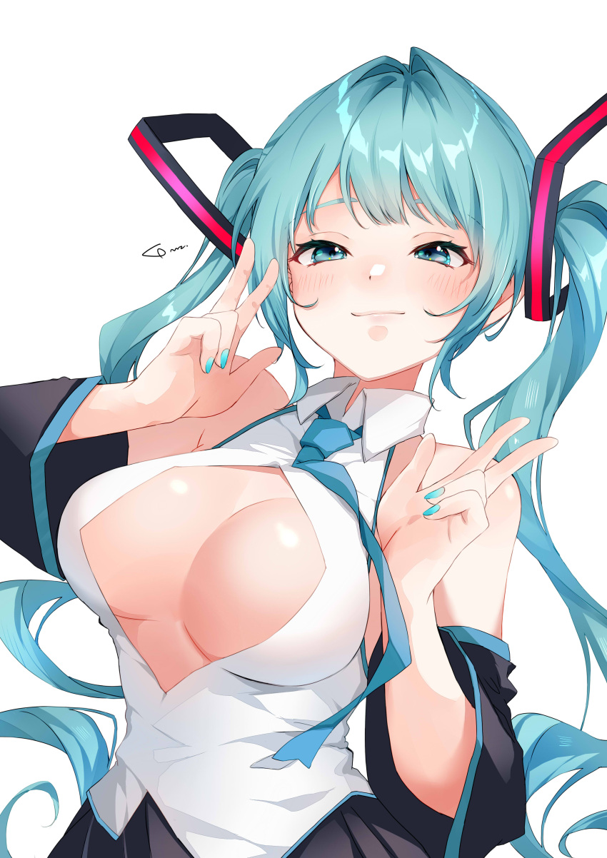 1girl absurdres anzu_(x_anzu_ill) bare_shoulders black_skirt blue_eyes blue_hair blue_nails blue_necktie blush breasts cleavage cleavage_cutout clothing_cutout collared_shirt double_w hatsune_miku highres large_breasts long_hair necktie pleated_skirt shirt simple_background skirt sleeveless sleeveless_shirt solo twintails upper_body vocaloid w white_background white_shirt