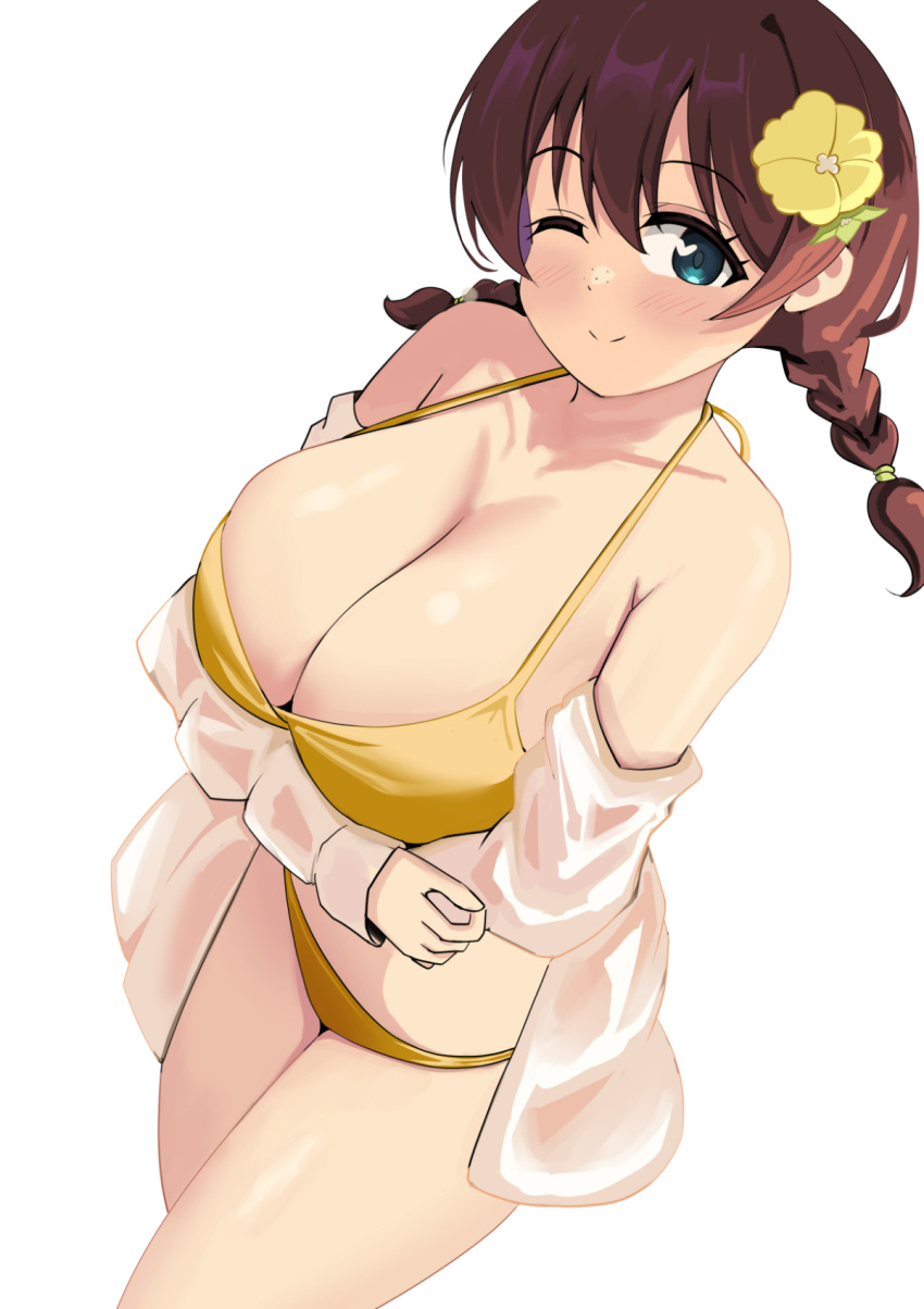 1girl bikini blue_eyes braid breasts brown_hair cleavage cowboy_shot emma_verde flower freckles hair_flower hair_ornament highres large_breasts long_hair looking_at_viewer love_live! love_live!_nijigasaki_high_school_idol_club one_eye_closed open_clothes open_shirt pisagi shirt simple_background solo swimsuit twin_braids white_background white_shirt yellow_bikini