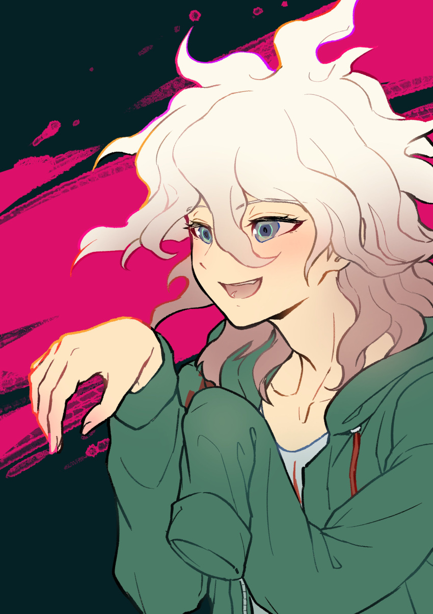 1boy :d absurdres black_background collarbone danganronpa_(series) danganronpa_2:_goodbye_despair green_jacket grey_eyes grey_hair grey_shirt hair_between_eyes hands_up highres jacket komaeda_nagito long_hair messy_hair open_clothes open_jacket pink_background shirt smile solo teeth youko-shima