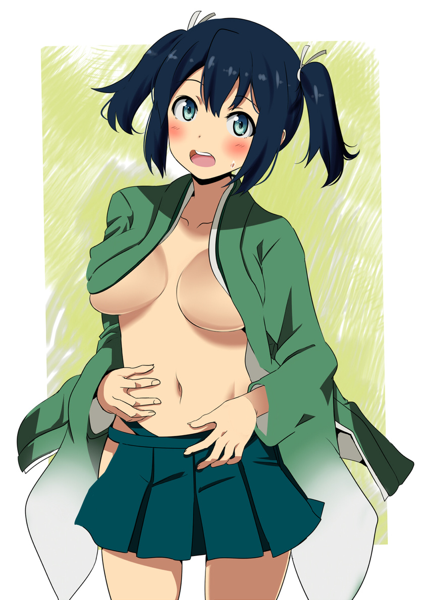 black_hair blue_eyes blush breasts groin highres kantai_collection large_breasts navel okuba open_clothes short_twintails solo souryuu_(kantai_collection) sweat twintails underboob