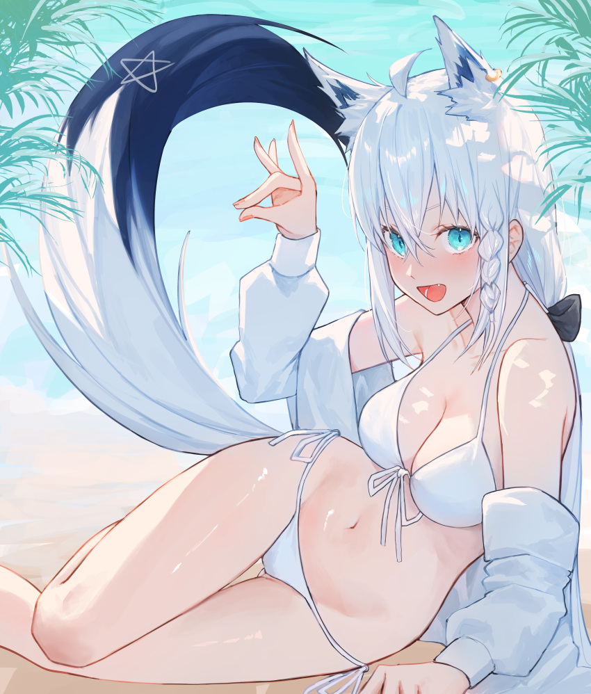 1girl absurdres ahoge animal_ears aqua_eyes bare_legs bikini blush braid breasts cleavage extra_ears fang fox_ears fox_girl fox_shadow_puppet fox_tail front-tie_bikini_top front-tie_top highres hololive jacket kaze_22 looking_at_viewer medium_breasts navel outdoors shirakami_fubuki side-tie_bikini_bottom sidelocks smile solo stomach swimsuit tail thigh_gap virtual_youtuber white_bikini white_hair white_jacket