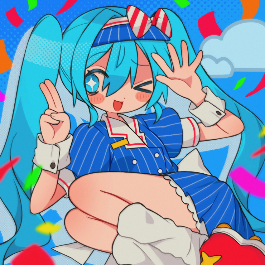 &gt;_o 1girl blue_background blue_dress blue_eyes blue_hair blush bow buttoned_cuffs buttons confetti dress feet_out_of_frame hair_between_eyes halftone hands_up hashtag-only_commentary hatsune_miku highres long_hair looking_at_viewer loose_socks mesmerizer_(vocaloid) mochi_(na_si) one_eye_closed open_mouth pinstripe_dress pinstripe_pattern red_footwear short_dress short_sleeves smile socks solo striped_bow twintails very_long_hair visor_cap white_socks wrist_cuffs