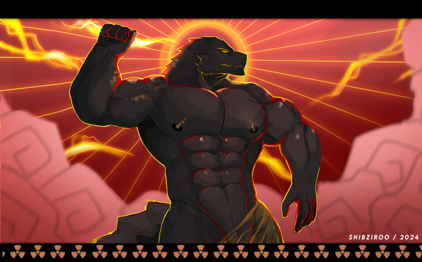 1boy abs absurdres bara clenched_hand cloud cowboy_shot dinosaur_boy electricity electrokinesis fine_art_parody furry furry_male godzilla godzilla_(series) greek_painting_style hercules_(1997_film) here_comes_zeuszilla_(meme) highres holding_lightning_bolt large_pectorals male_focus meme muscular muscular_male nipples nude parody pectorals profile shibziroo solo style_parody sunburst zeuszilla_(plasmili0)