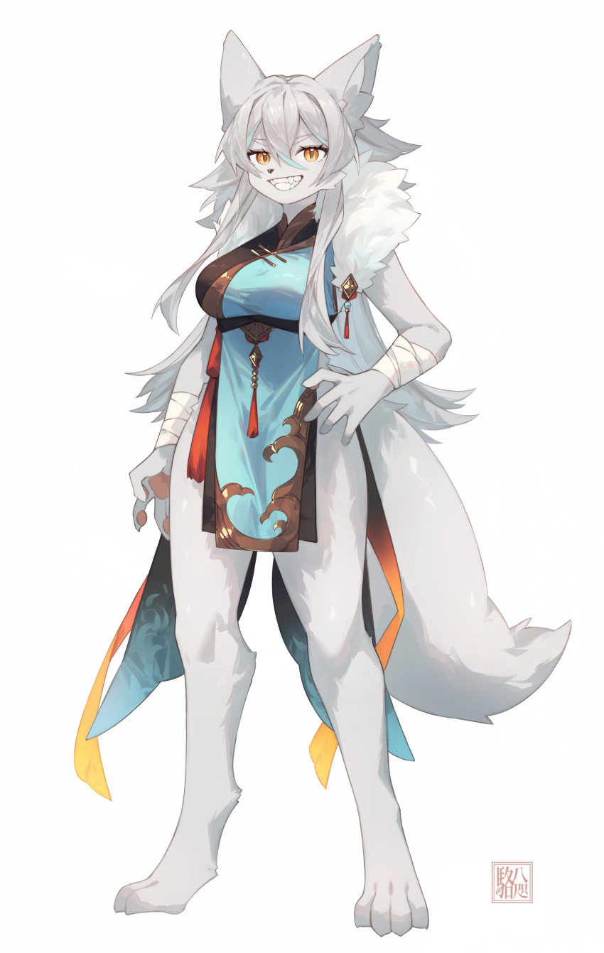 2024 absurd_res anthro asian_clothing canid canine canis clenched_teeth clothing east_asian_clothing female fur hair hi_res japanese_clothing kawarage_yatano looking_at_viewer mammal solo tail teeth white_body white_fur wolf yellow_eyes