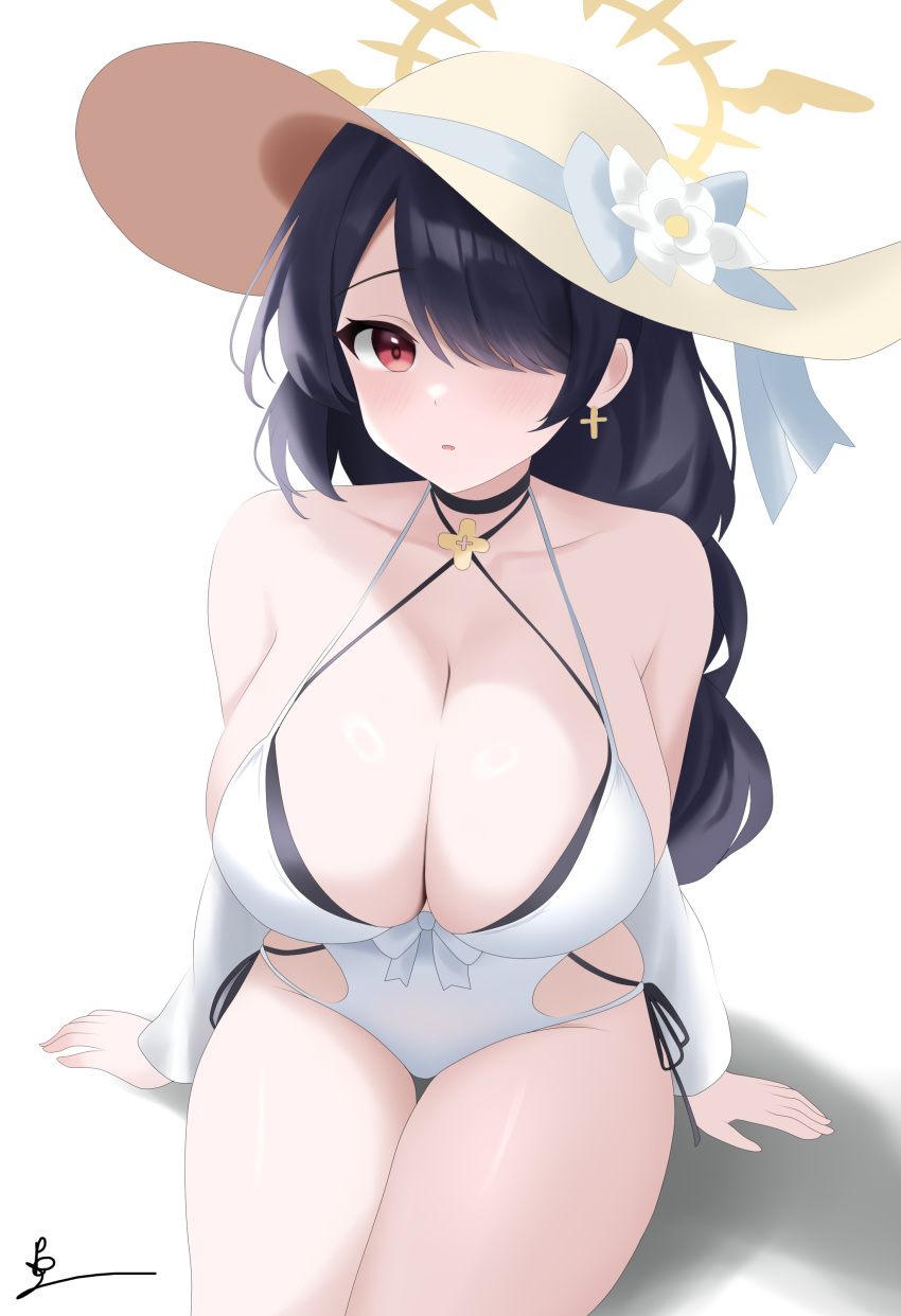 1girl absurdres bikini black_bikini black_hair blue_archive braid braided_ponytail breasts casual_one-piece_swimsuit clothing_cutout criss-cross_halter cross cross_earrings double_bikini earrings flower hair_over_one_eye halo halterneck hat hat_flower highres hinata_(blue_archive) hinata_(swimsuit)_(blue_archive) jewelry large_breasts layered_swimsuit long_hair official_alternate_costume one-piece_swimsuit one_eye_covered potgit side_cutout signature sitting solo straw_hat sun_hat swimsuit white_background white_one-piece_swimsuit yellow_halo