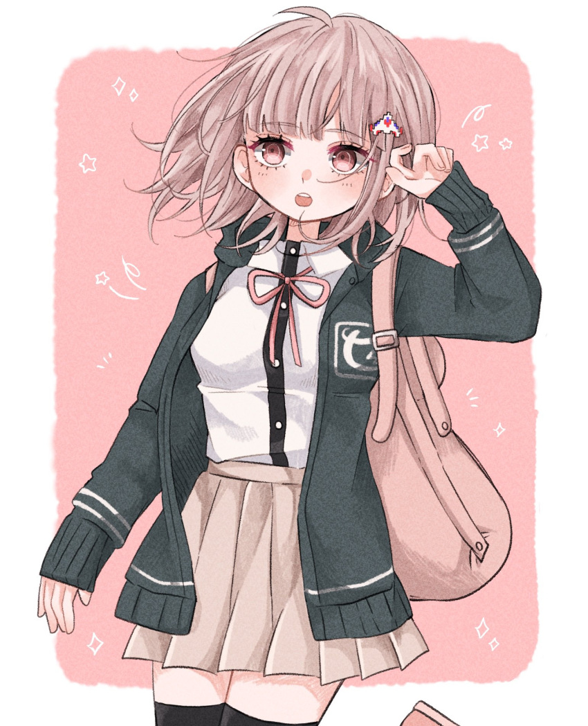 1girl :o black_jacket black_shirt brown_bag brown_hair brown_skirt cowboy_shot danganronpa_(series) danganronpa_2:_goodbye_despair dress_shirt highres jacket medium_hair mugi_cha_(mg_sbci) nanami_chiaki neck_ribbon open_clothes open_jacket pink_background pink_eyes pink_ribbon pleated_skirt ribbon shirt skirt solo spaceship_hair_ornament teeth upper_teeth_only white_background white_shirt zettai_ryouiki