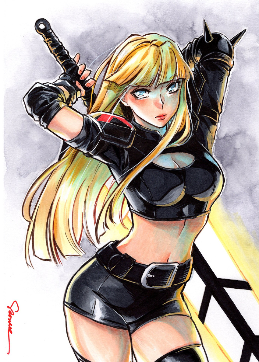 1girl asymmetrical_clothes belt blonde_hair blue_eyes blunt_bangs boots cleavage_cutout clothing_cutout elbow_spikes highleg_shorts highres holding holding_sword holding_weapon huge_weapon long_hair magik_(x-men) marker_(medium) marvel midriff navel sao_(saowee) short_shorts shorts solo sword thigh_boots traditional_media weapon x-men