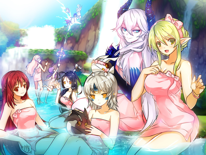 6+girls :d aisha_(elsword) ara_han bad_id bad_pixiv_id barefoot black_hair blonde_hair blue_eyes blue_gloves bracelet breasts ciel_(elsword) cleavage collarbone crossed_arms diabla_(elsword) elbow_gloves elemental_master_(elsword) elesis_(elsword) elf elsword elsword_(character) eve_(elsword) eyebrows_visible_through_hair glasses gloves grand_master_(elsword) green_eyes grey_hair hair_between_eyes hair_ribbon highres holding holding_staff horns ikjh2222 jewelry large_breasts leg_up long_hair looking_at_viewer looking_up luciela_r._sourcream medium_breasts moby_(elsword) multiple_boys multiple_girls naked_towel open_mouth optimus_(elsword) outdoors partially_submerged pink_hair pink_towel pointy_ears purple_hair red_eyes red_hair remy_(elsword) rena_(elsword) ribbon rose_(elsword) short_hair_with_long_locks sideboob sidelocks silver_hair sitting small_breasts smile staff standing tied_towel towel twintails very_long_hair wading waving white_ribbon yellow_eyes zero_(elsword)