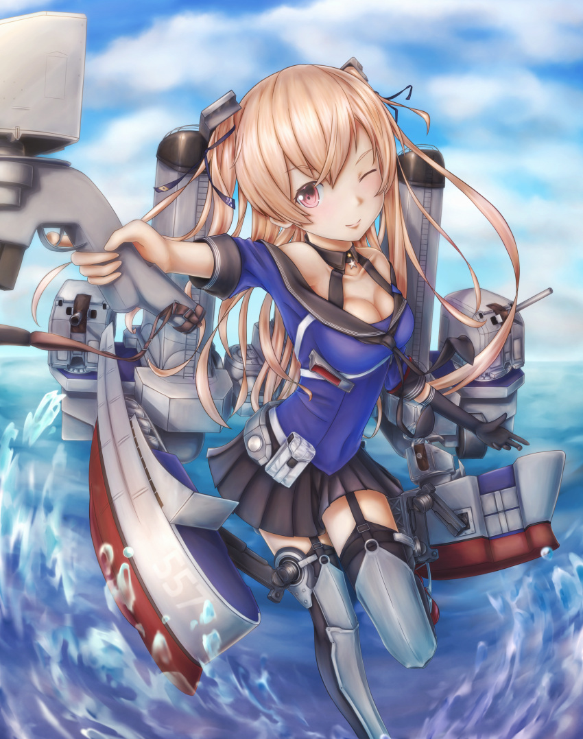 absurdres aiming armor breasts brown_hair cannon cleavage cloud cloudy_sky dress gloves hair_ornament highres huge_filesize johnston_(kantai_collection) kantai_collection leg_up long_hair looking_at_viewer medium_breasts ocean one_eye_closed red_eyes rigging sailor_dress sky solo thighhighs twintails water weapon